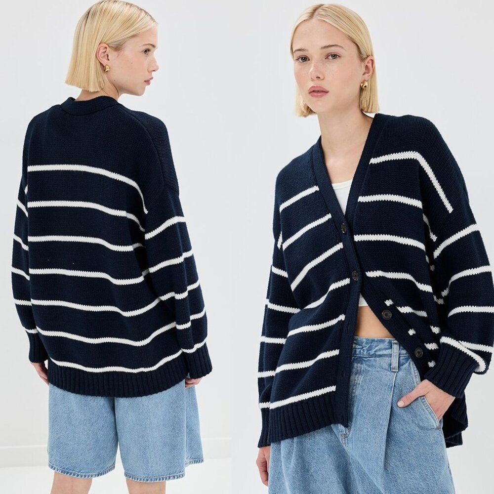 Jenni Kayne Chloe Cardigan Navy Ivory Striped Cotton Button Front‎ Size M - Picture 10 of 11
